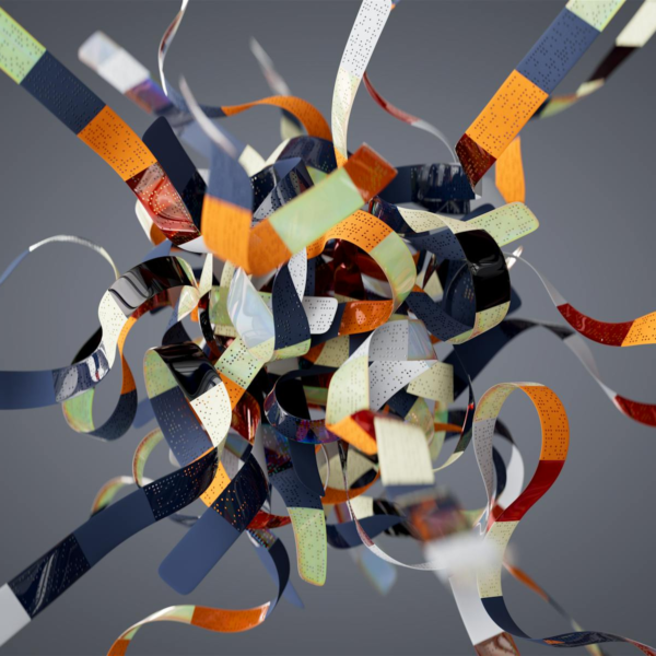 Colorful 3D ribbons swirl in a dynamic, abstract digital art composition